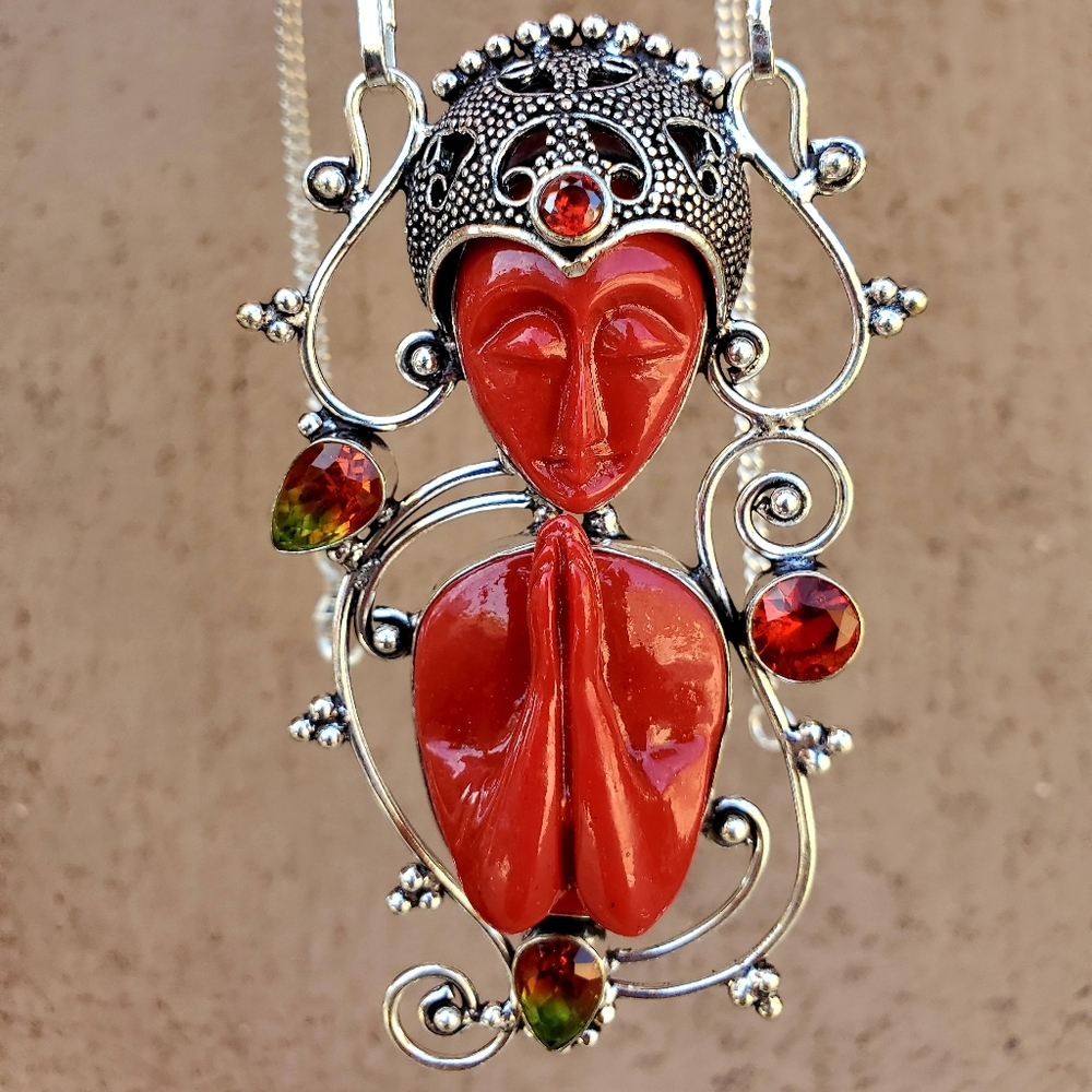 New Carved Praying Goddess Multi Gemstone Necklace